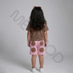 ست تیشرت شلوارک دخترانه مدل گربه قهوه ای صورتی سایز 45,50,55 - تصویر 4
